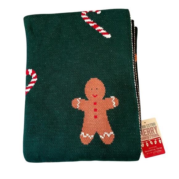 Oversized Gingerbread Candy Cane Cotton Throw Blanket 50x70 Christmas Green New - Picture 4 of 15